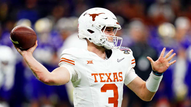 Jan 1, 2024; New Orleans, LA, USA; Texas Longhorns quarterback Quinn Ewers (3) throws a pass during the fourth quarter against the Washington Huskies in the 2024 Sugar Bowl college football playoff semifinal game at Caesars Superdome. 